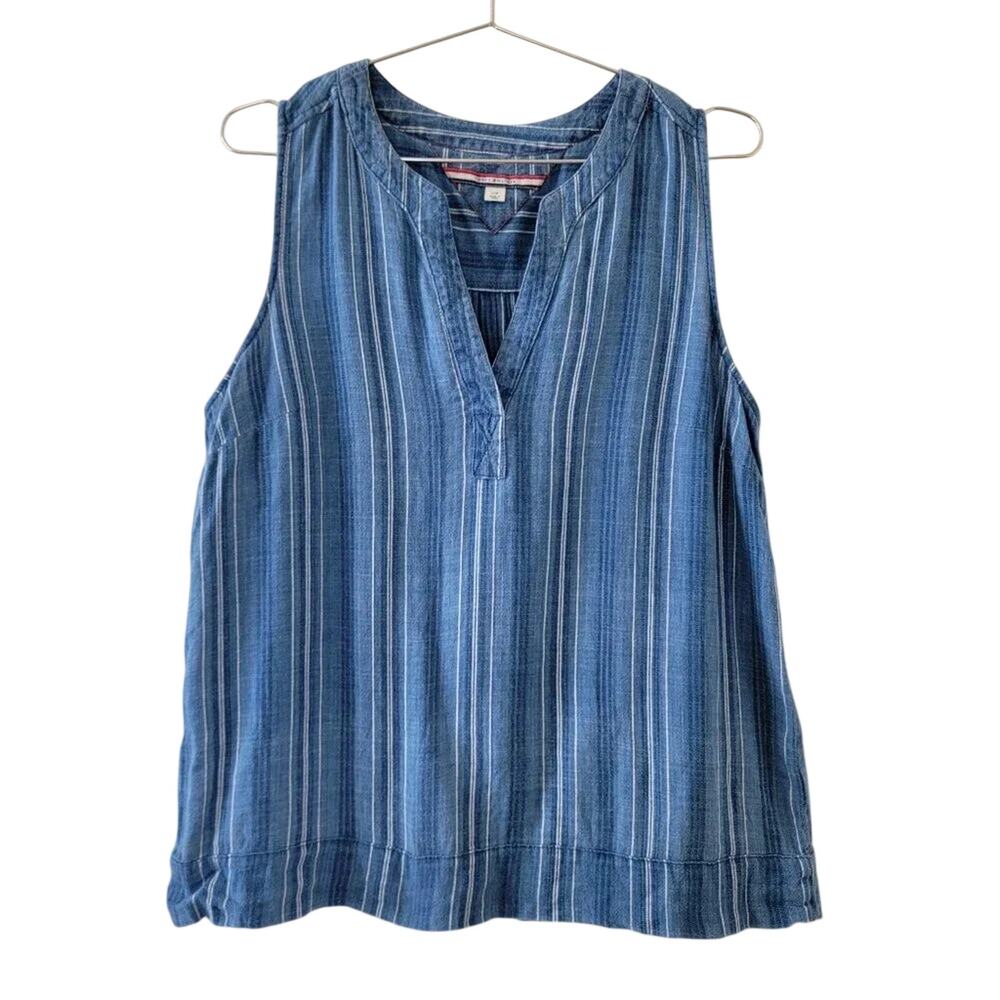 Tommy Hilfiger Denim Sleeveless Top Women Sz L Blue Striped V Neck Boho Casual